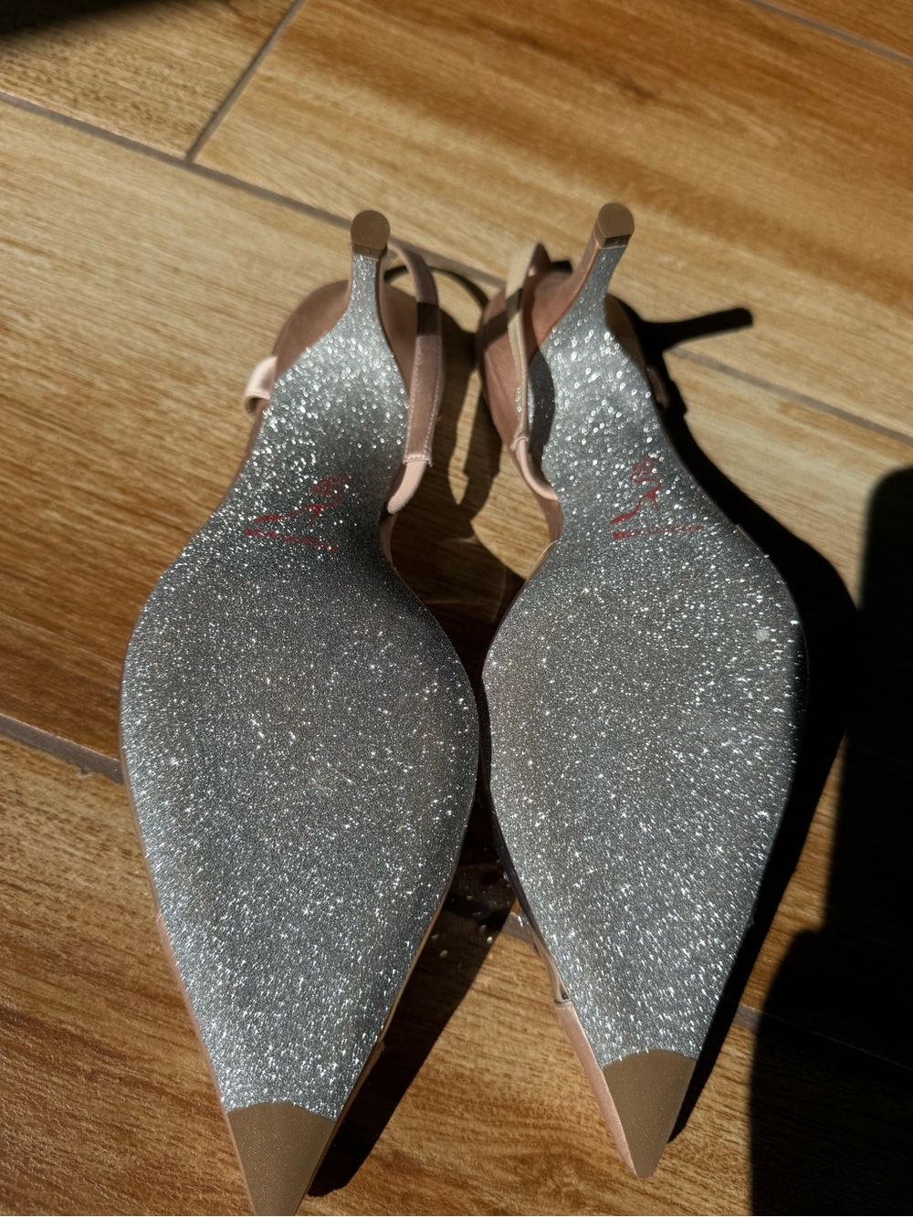 Rene Caovilla Silver Glitter Pointed Slingback Heels - Pink Straps